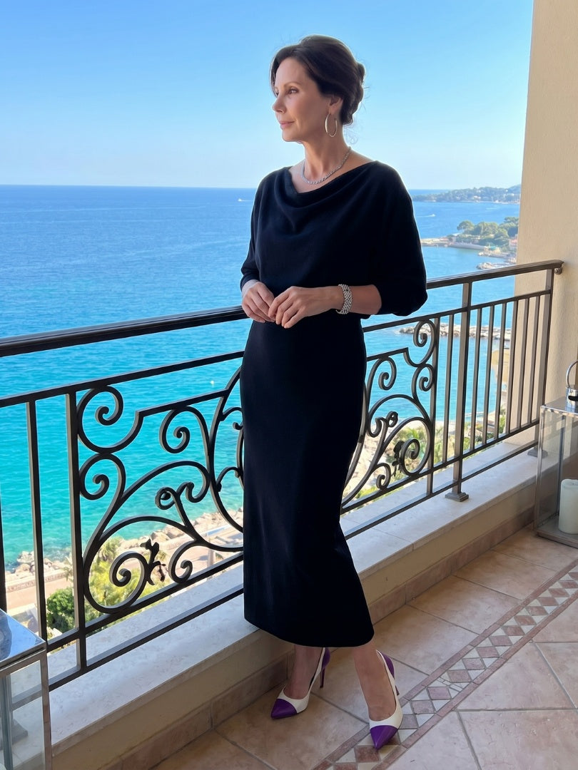 Alyssa | Women's Knit Midi Holiday Party Dress Long Sleeve Draped Neckline