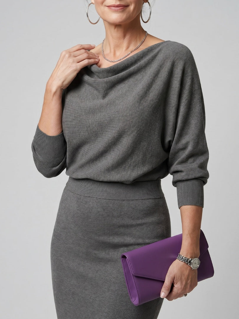 Alyssa | Women's Knit Midi Holiday Party Dress Long Sleeve Draped Neckline