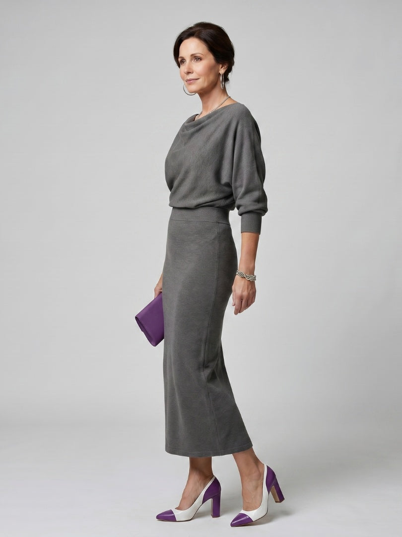Alyssa | Women's Knit Midi Holiday Party Dress Long Sleeve Draped Neckline