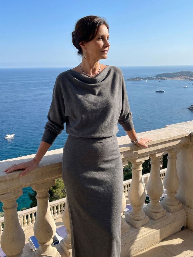 Alyssa | Women's Knit Midi Holiday Party Dress Long Sleeve Draped Neckline