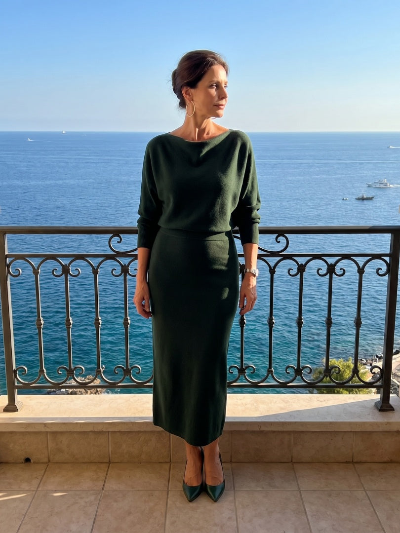 Alyssa | Women's Knit Midi Holiday Party Dress Long Sleeve Draped Neckline