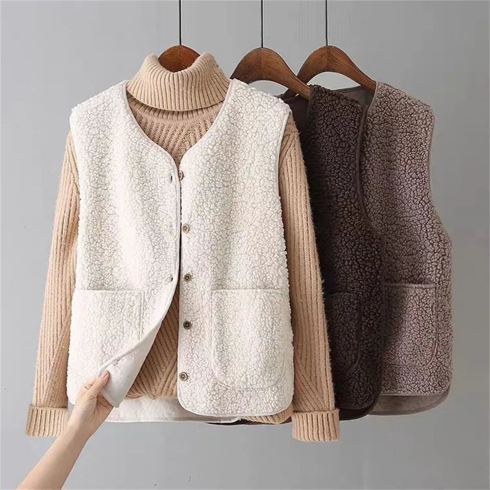Zoey | Women's Sherpa Fleece Vest V Neck Button Up