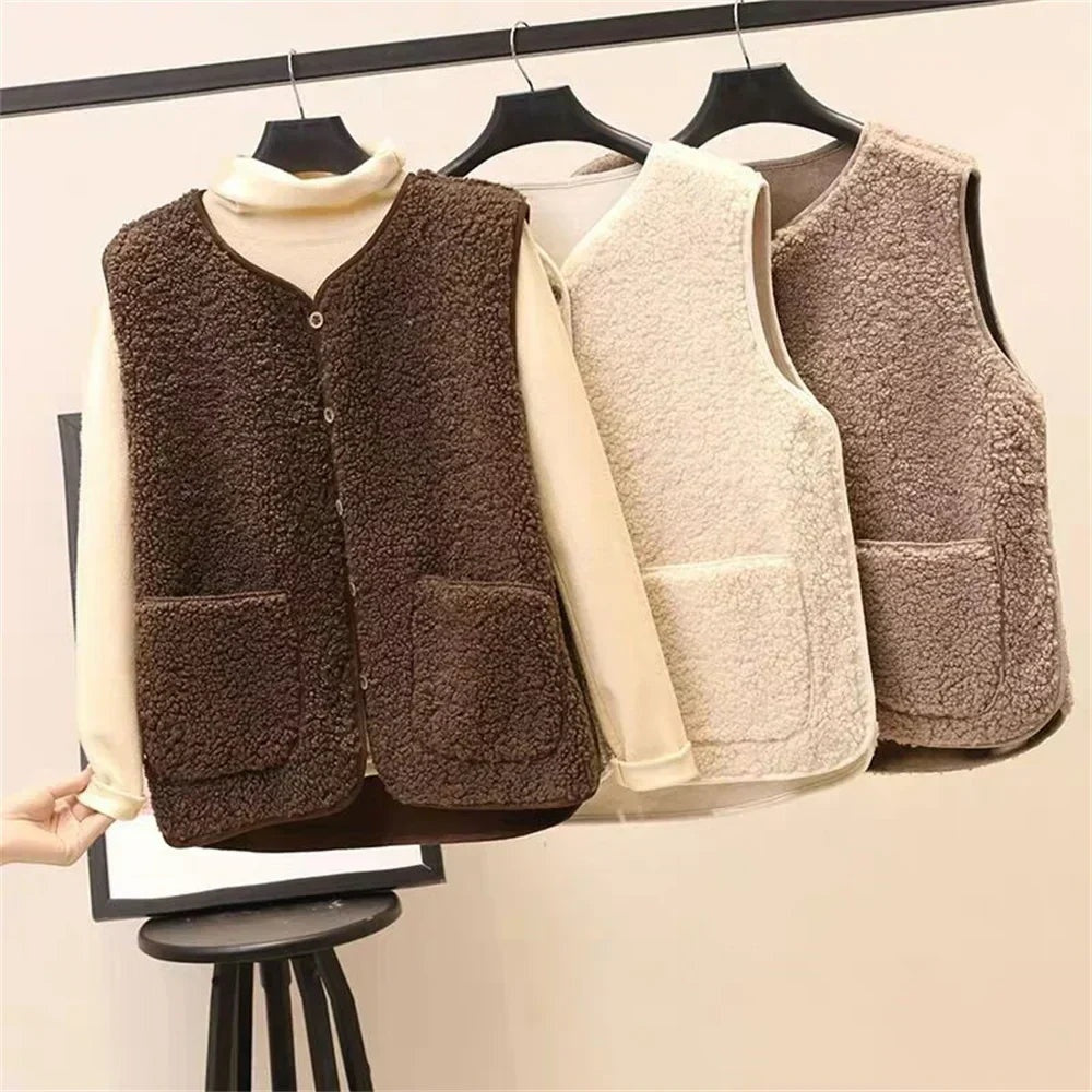 Zoey | Women's Sherpa Fleece Vest V Neck Button Up