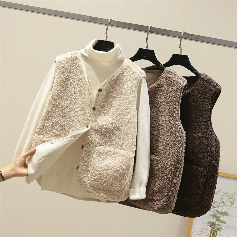 Zoey | Women's Sherpa Fleece Vest V Neck Button Up