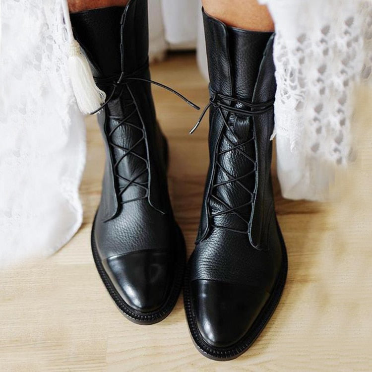 Michelle | Women's Flat Leather Combat Boots Lace Up Mid Calf