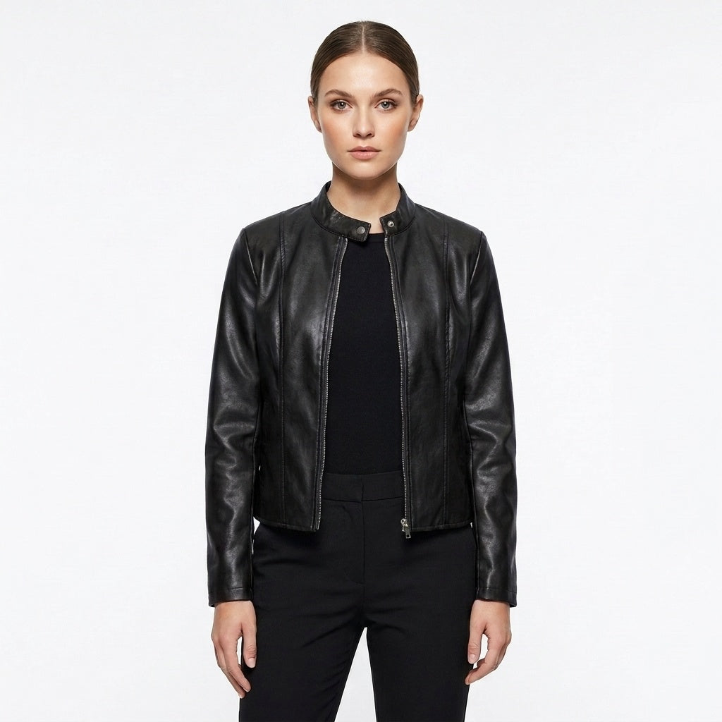 Adriana | Women's Fitted Leather Jacket Biker Stand Collar