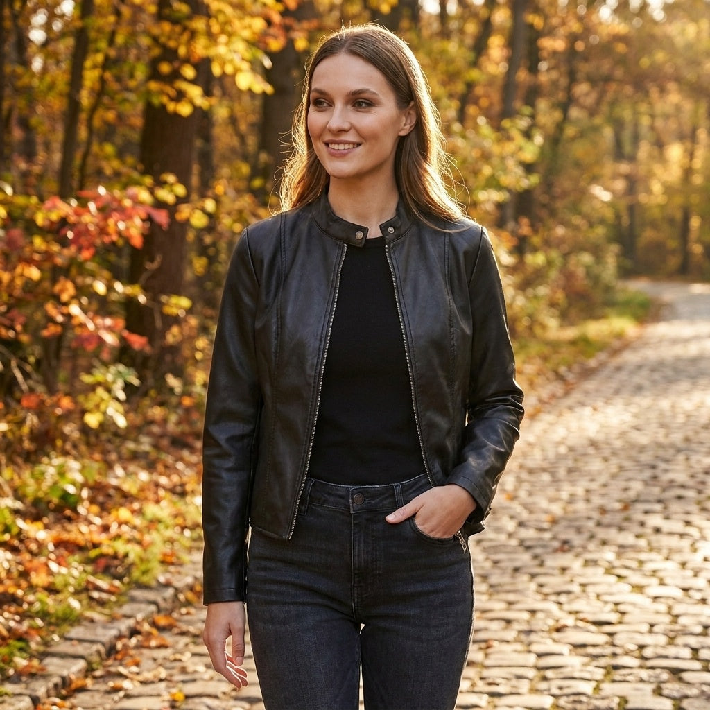 Adriana | Women's Fitted Leather Jacket Biker Stand Collar