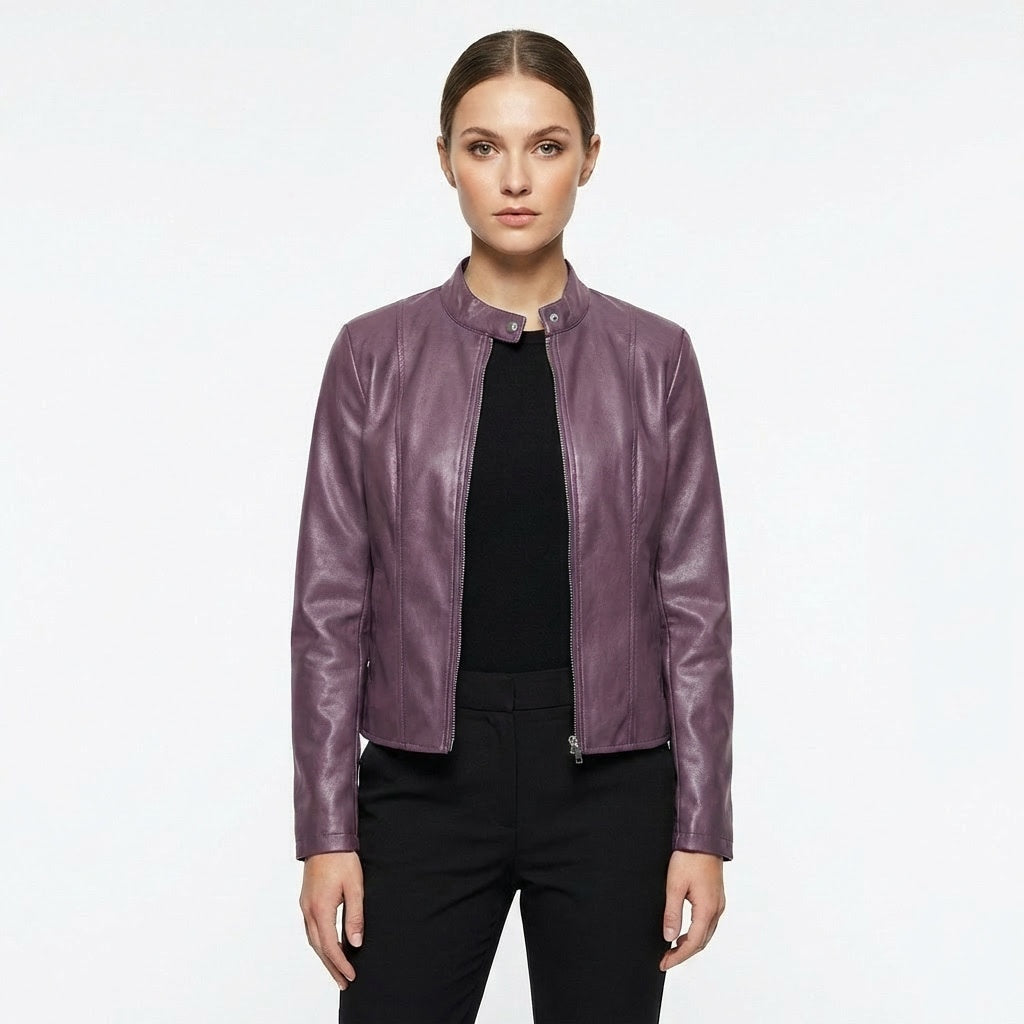 Adriana | Women's Fitted Leather Jacket Biker Stand Collar