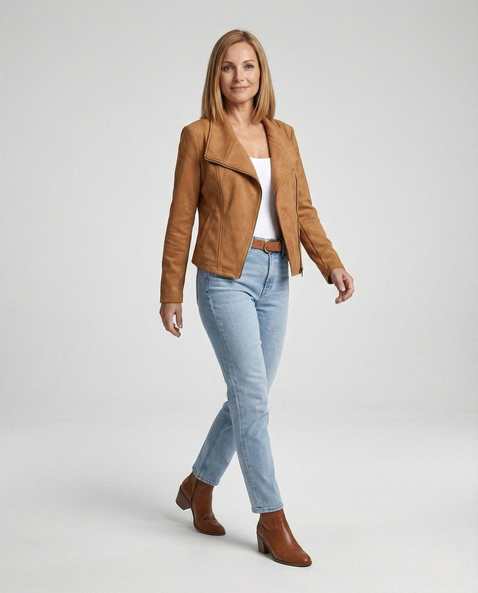 Colette | Women's Faux Suede Moto Jacket Asymmetric Closure