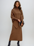 Aurora | Women's Knit Set Turtleneck Poncho Sweater Midi Skirt