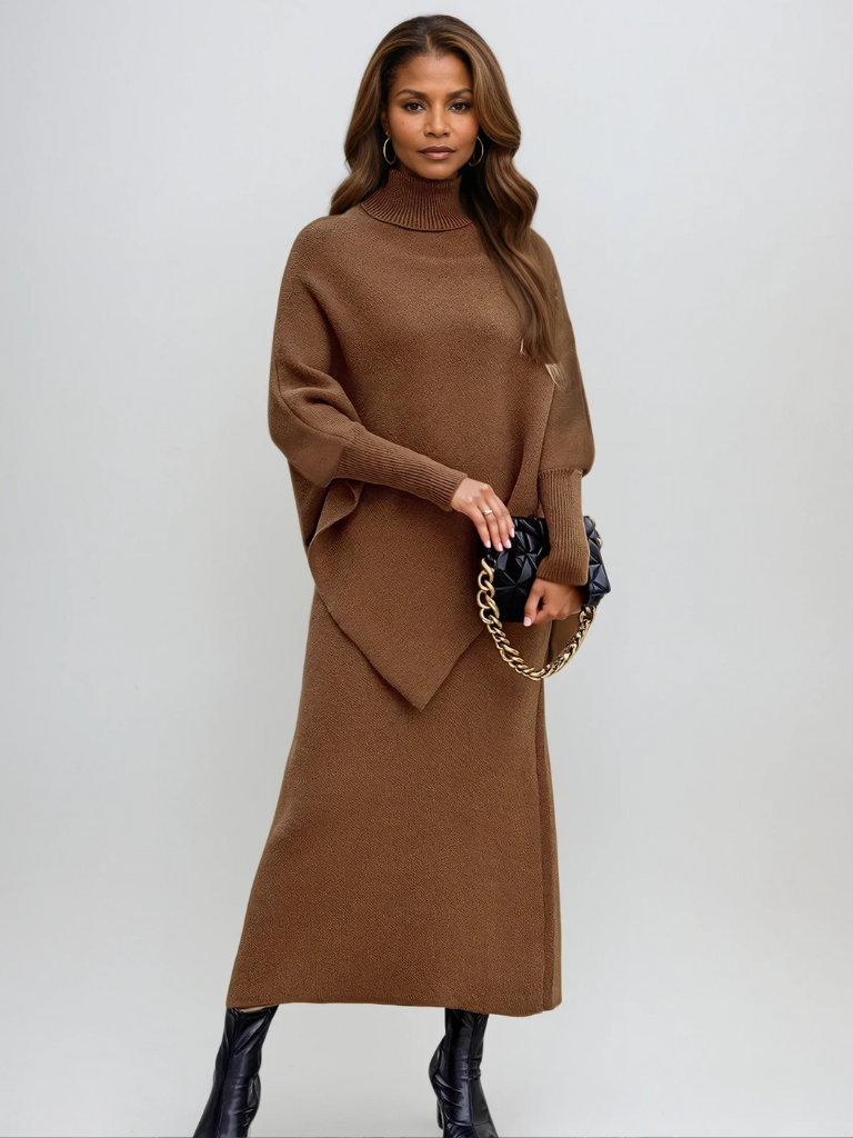 Aurora | Women's Knit Set Turtleneck Poncho Sweater Midi Skirt