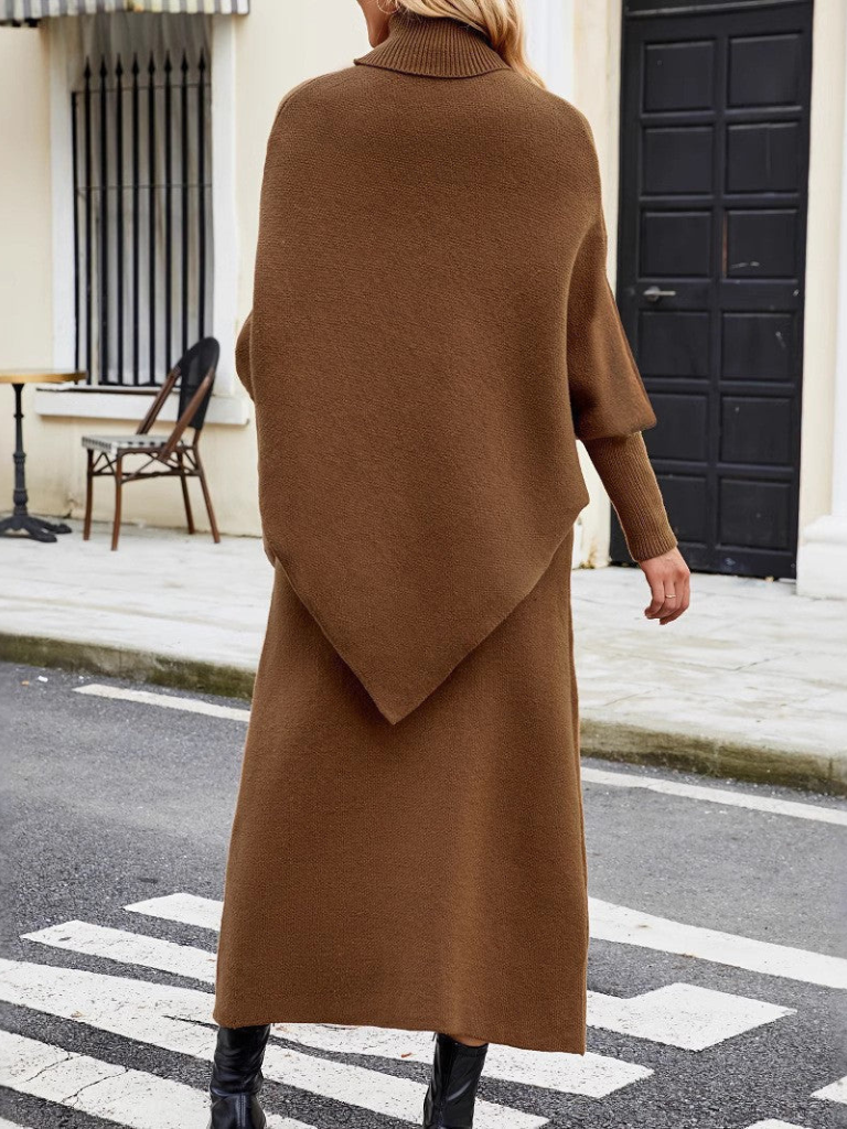 Aurora | Women's Knit Set Turtleneck Poncho Sweater Midi Skirt