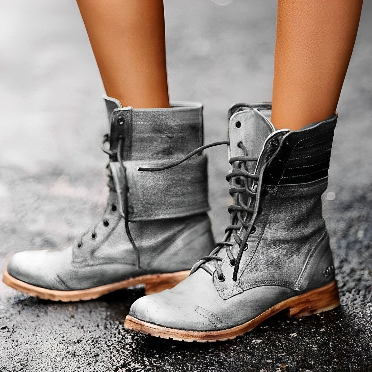 Leila | Women's Leather Combat Boots Lace Up Mid Calf