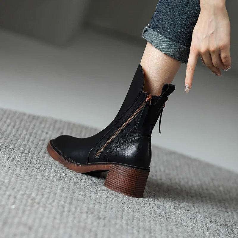 Rachel | Women's Leather Ankle Boots Block Heel Side Zipper