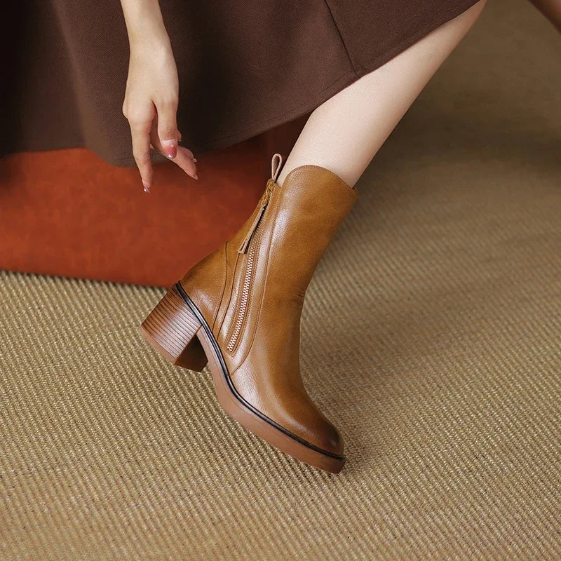 Rachel | Women's Leather Ankle Boots Block Heel Side Zipper