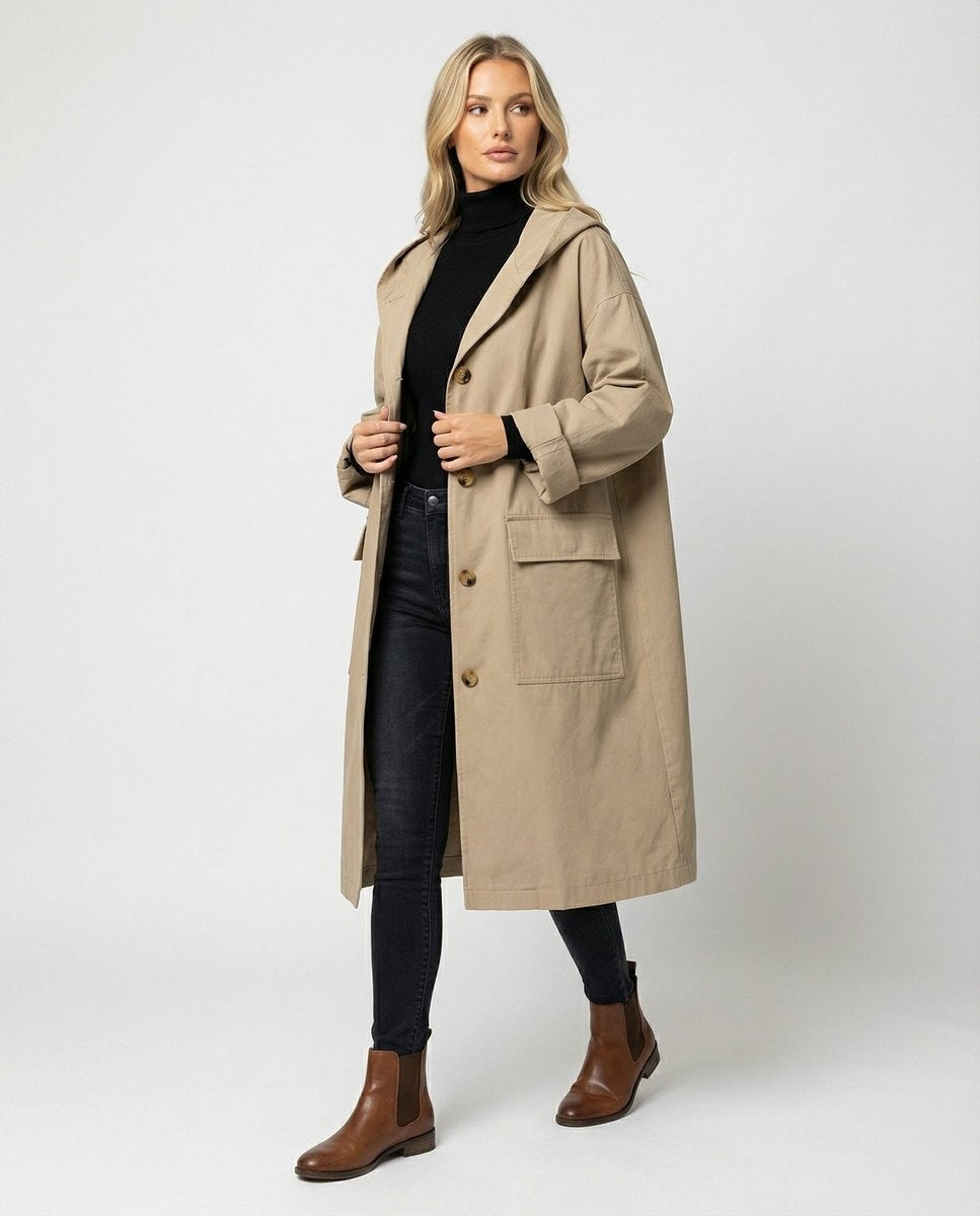 Luna | Women's Long Waterproof Trench Coat Hooded Button Up