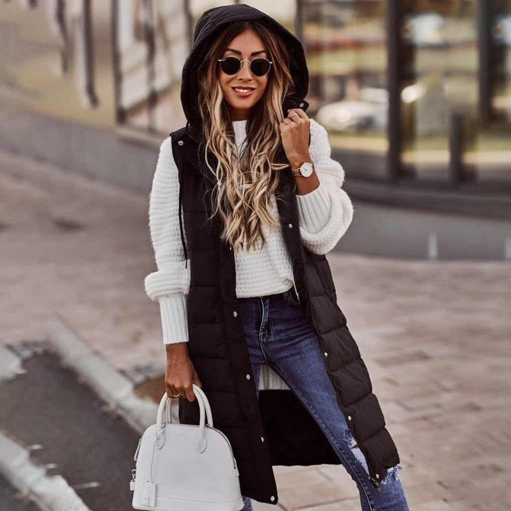 Molly | Women's Long Puffer Vest Hooded Sleeveless
