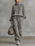 Samantha | Women's Cable Knit Sweater Set Turtleneck Cargo Pants
