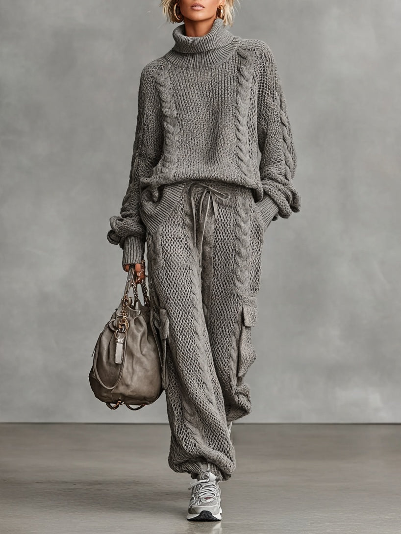 Samantha | Women's Cable Knit Sweater Set Turtleneck Cargo Pants