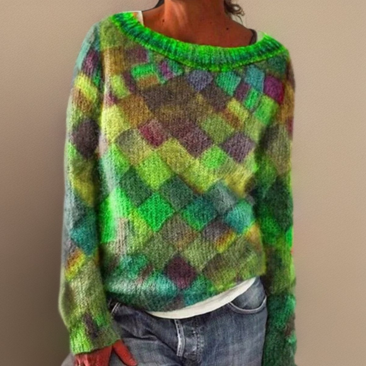Riley | Women's Geometric Wool Sweater Oversized Crew Neck