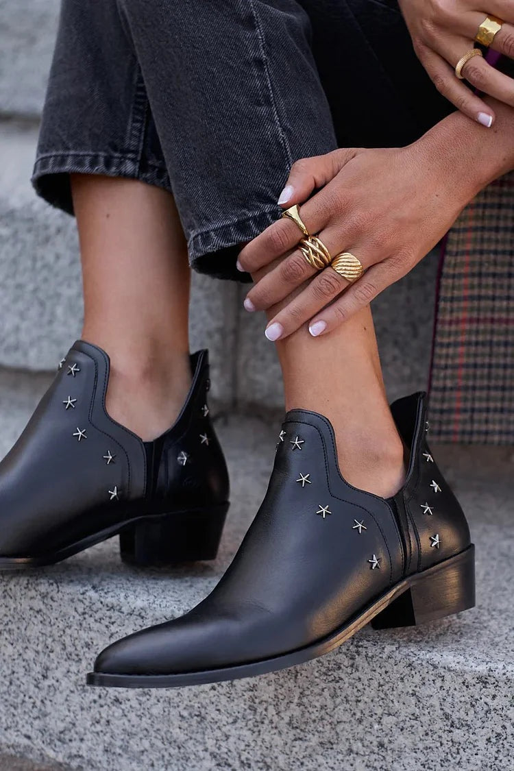 Allison | Women's Leather Ankle Cowboy Boots Low Heel Star Studs
