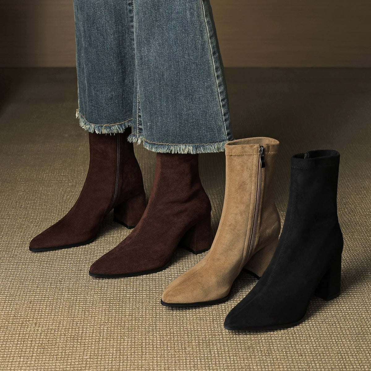 Fiona | Women's Suede Ankle Boots Block Heel Side Zipper