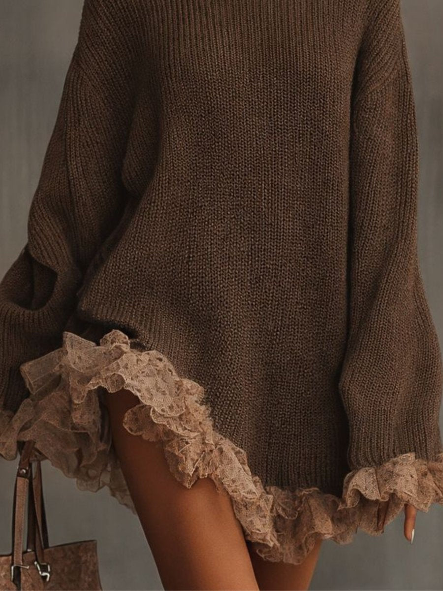 Ellie | Women's Mini Winter Sweater Dress Long Sleeve Turtleneck Lace