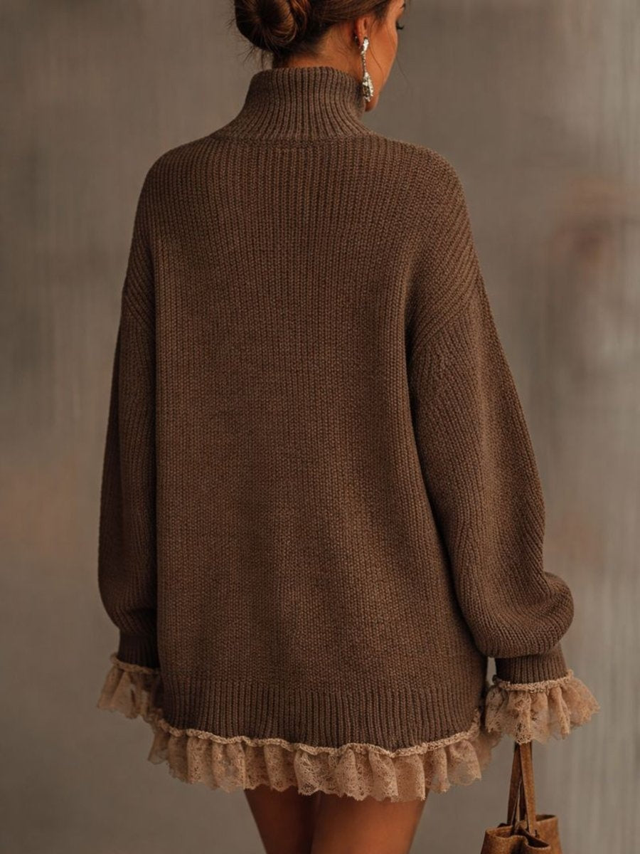Ellie | Women's Mini Winter Sweater Dress Long Sleeve Turtleneck Lace