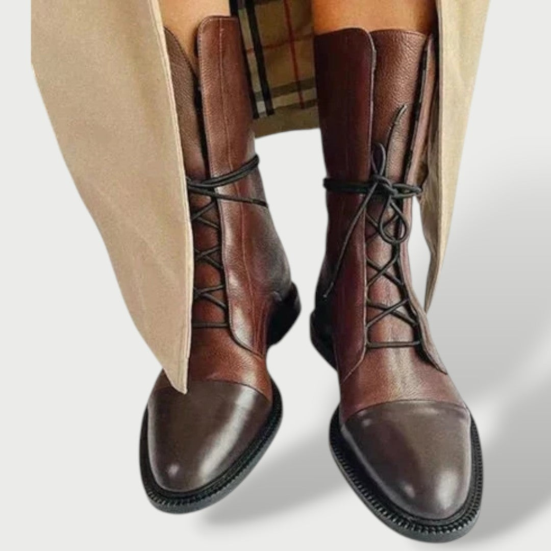 Rosalie | Women's Leather Combat Boots Flat Lace Up Mid Calf Military