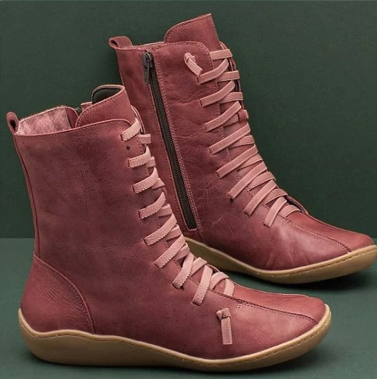 Lila | Women's Faux Leather Lace Up Boots Flat Mid Calf
