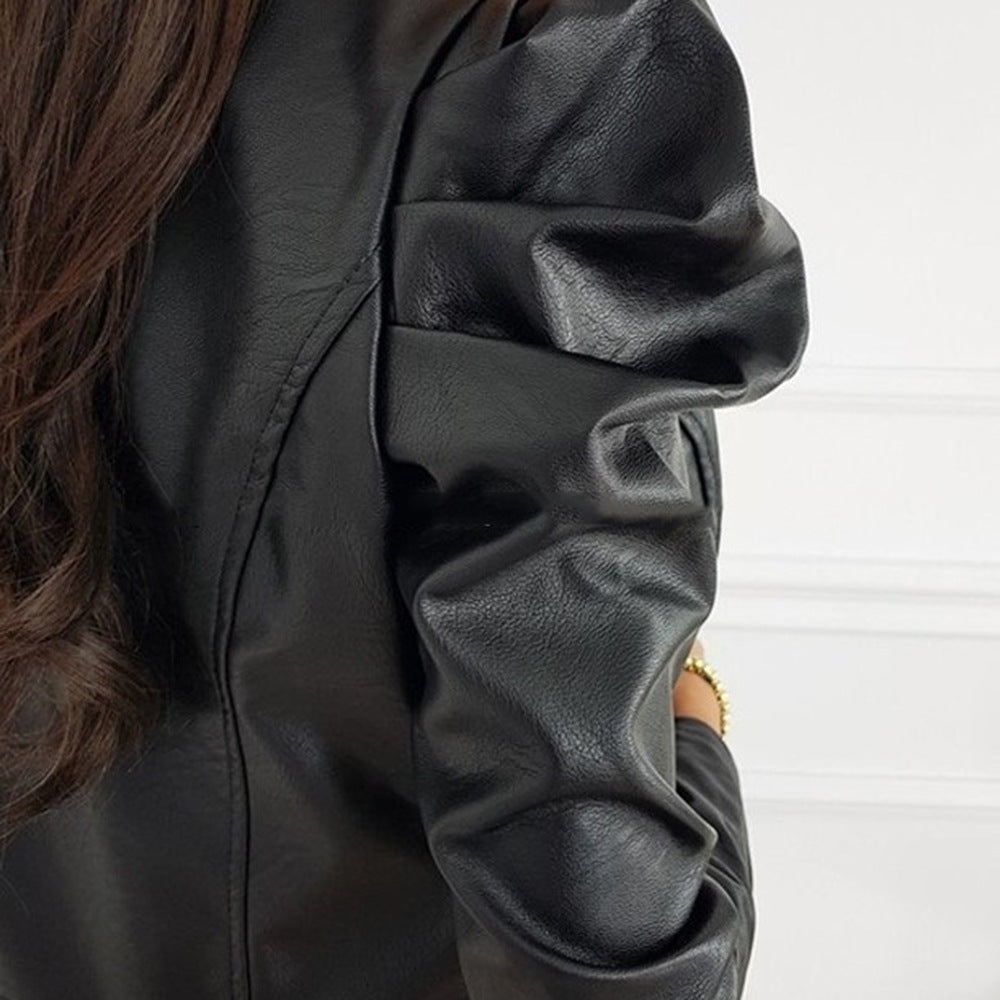 Jessica | Women's Cropped Faux Leather Jacket Biker Puff Sleeve