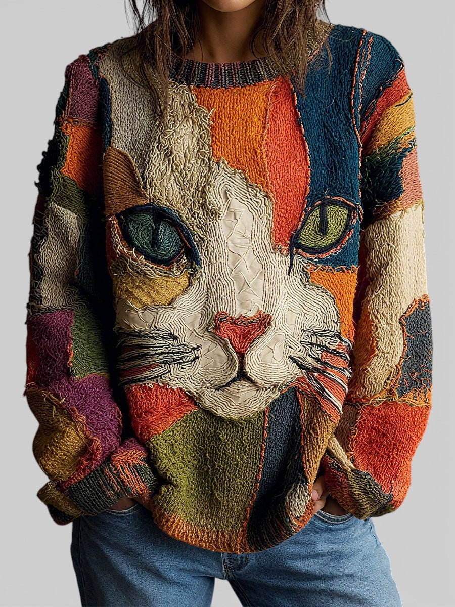 Adeline | Women's Cat Print Knit Sweater Crew Neck