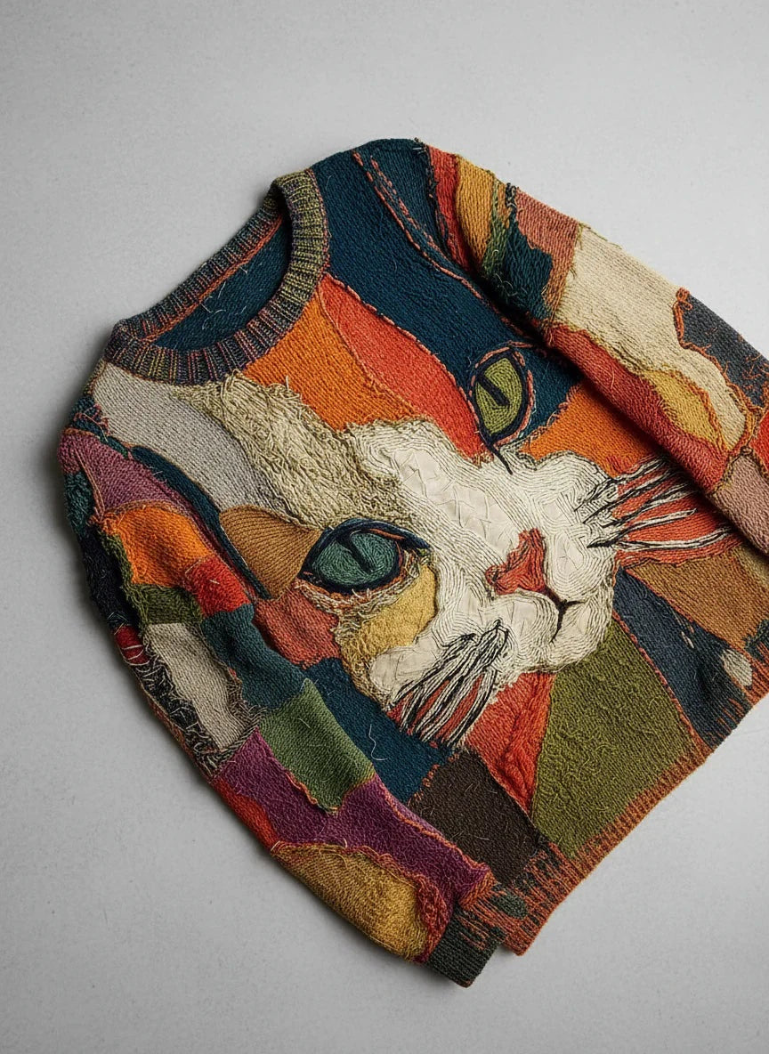 Adeline | Women's Cat Print Knit Sweater Crew Neck