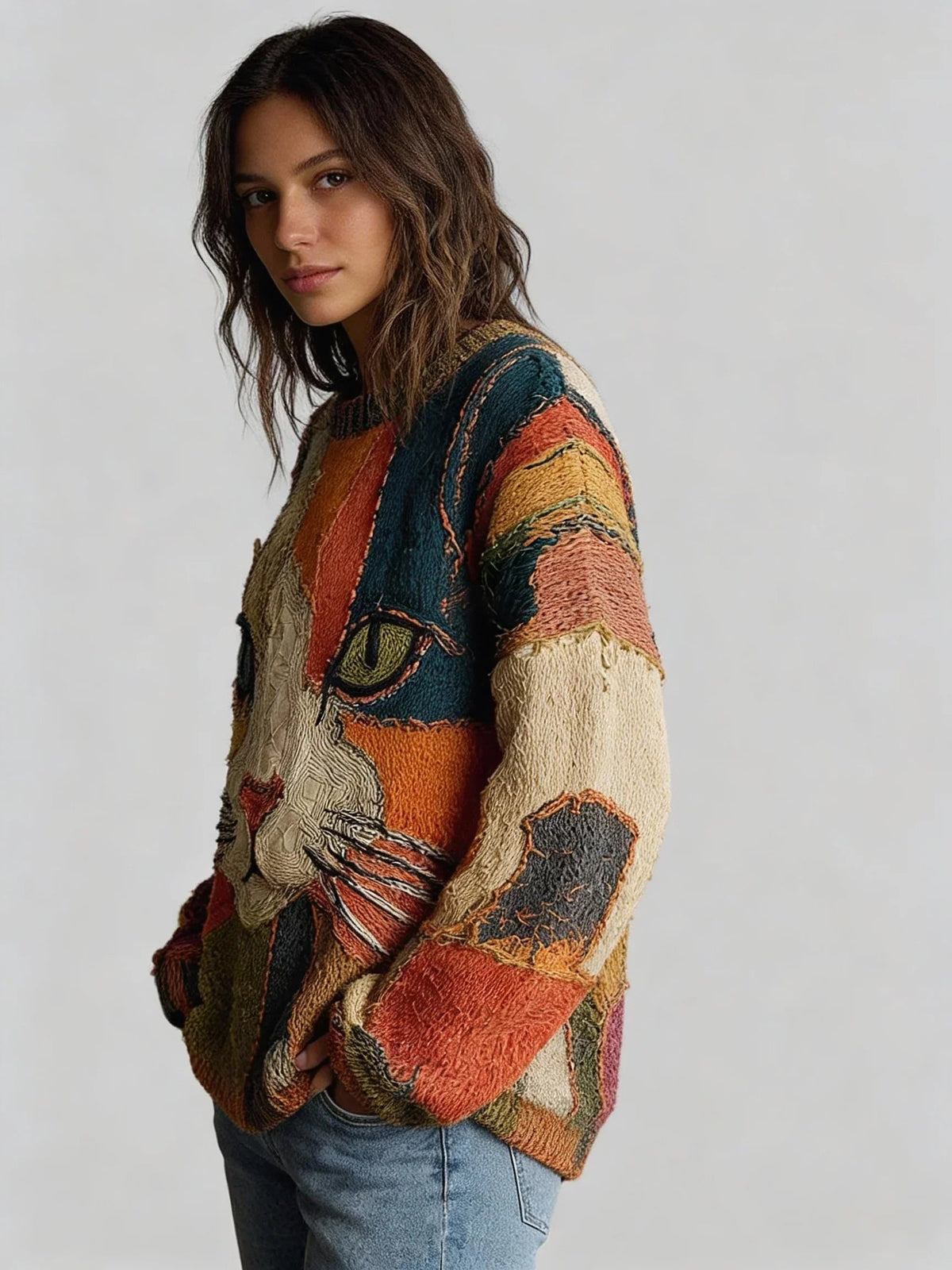 Adeline | Women's Cat Print Knit Sweater Crew Neck