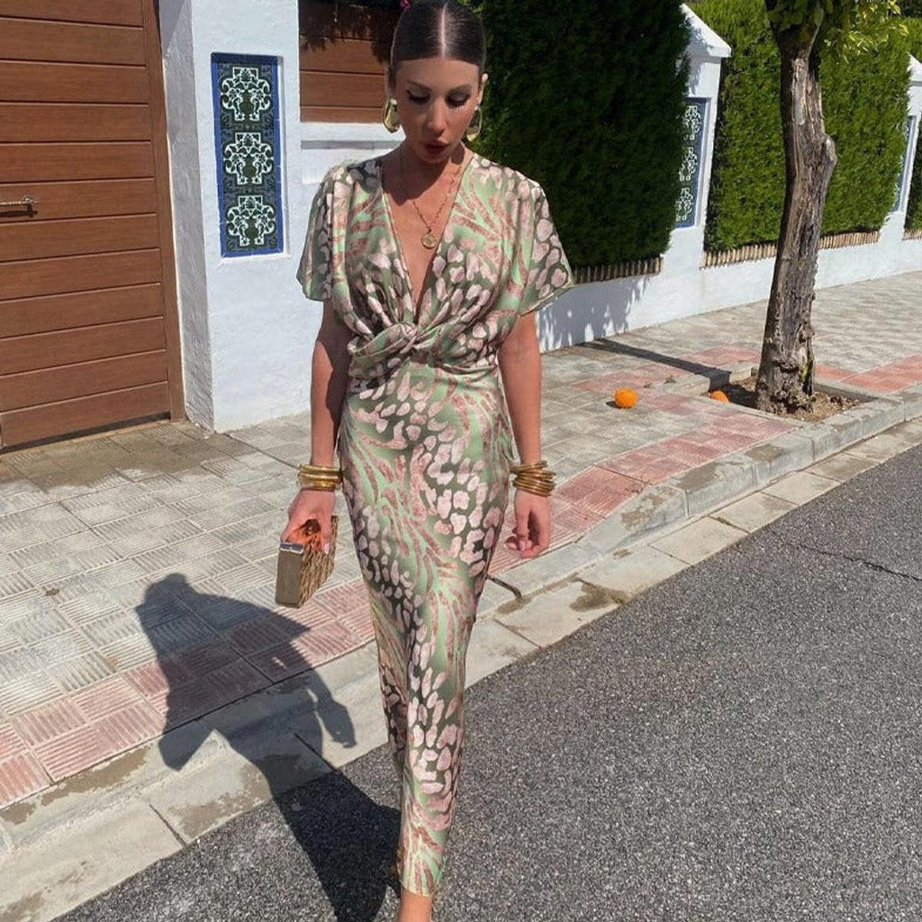 Alexandra | Women's Animal Print Holiday Party Dress V Neck Knot Front
