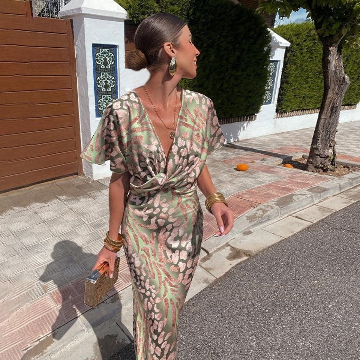 Alexandra | Women's Animal Print Holiday Party Dress V Neck Knot Front