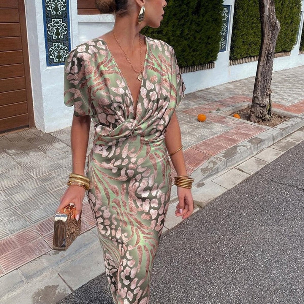 Alexandra | Women's Animal Print Holiday Party Dress V Neck Knot Front