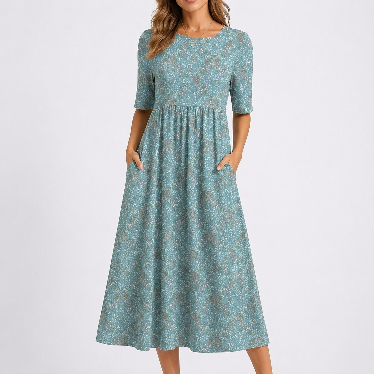 Amelia | Women's Floral Midi Fall Wedding Guest Dress Short Sleeve