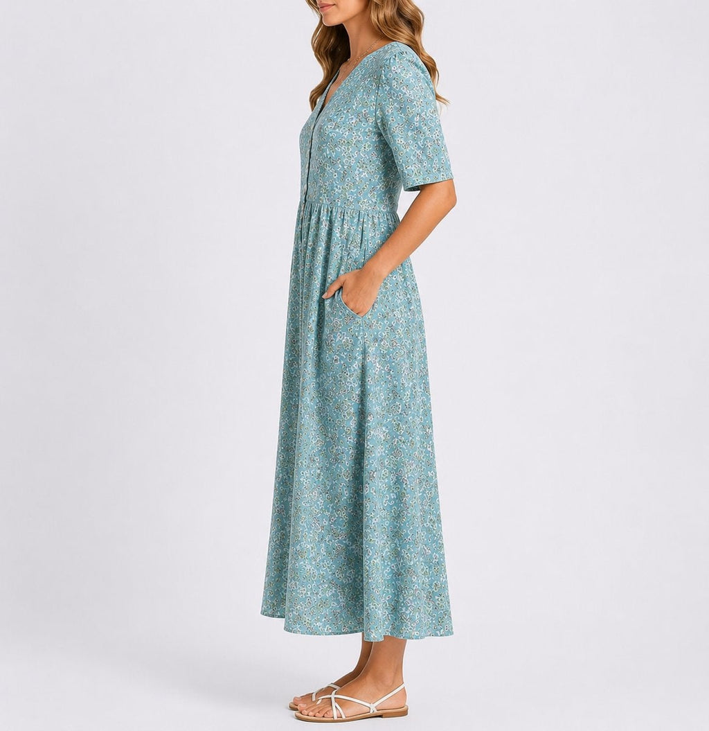 Amelia | Women's Floral Midi Fall Wedding Guest Dress Short Sleeve