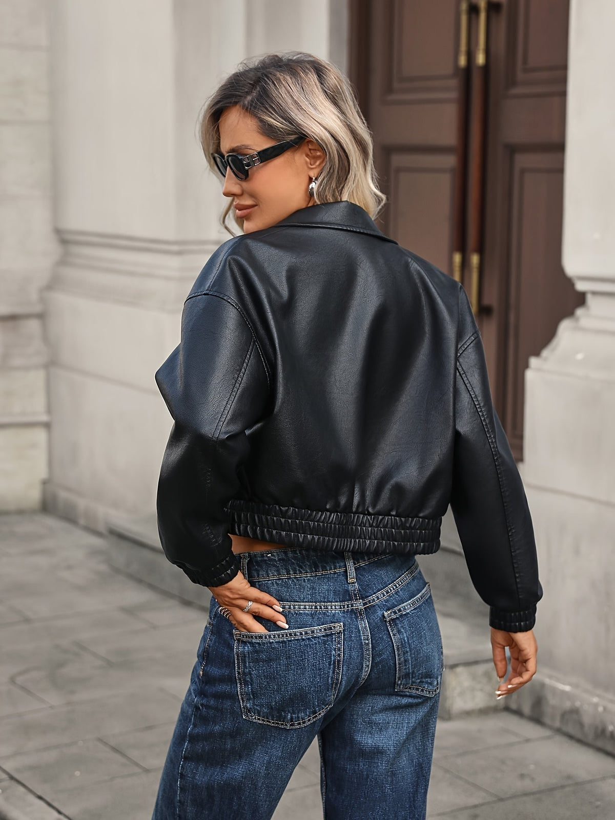 Adeline | Women's Faux Leather Bomber Jacket Zip Up