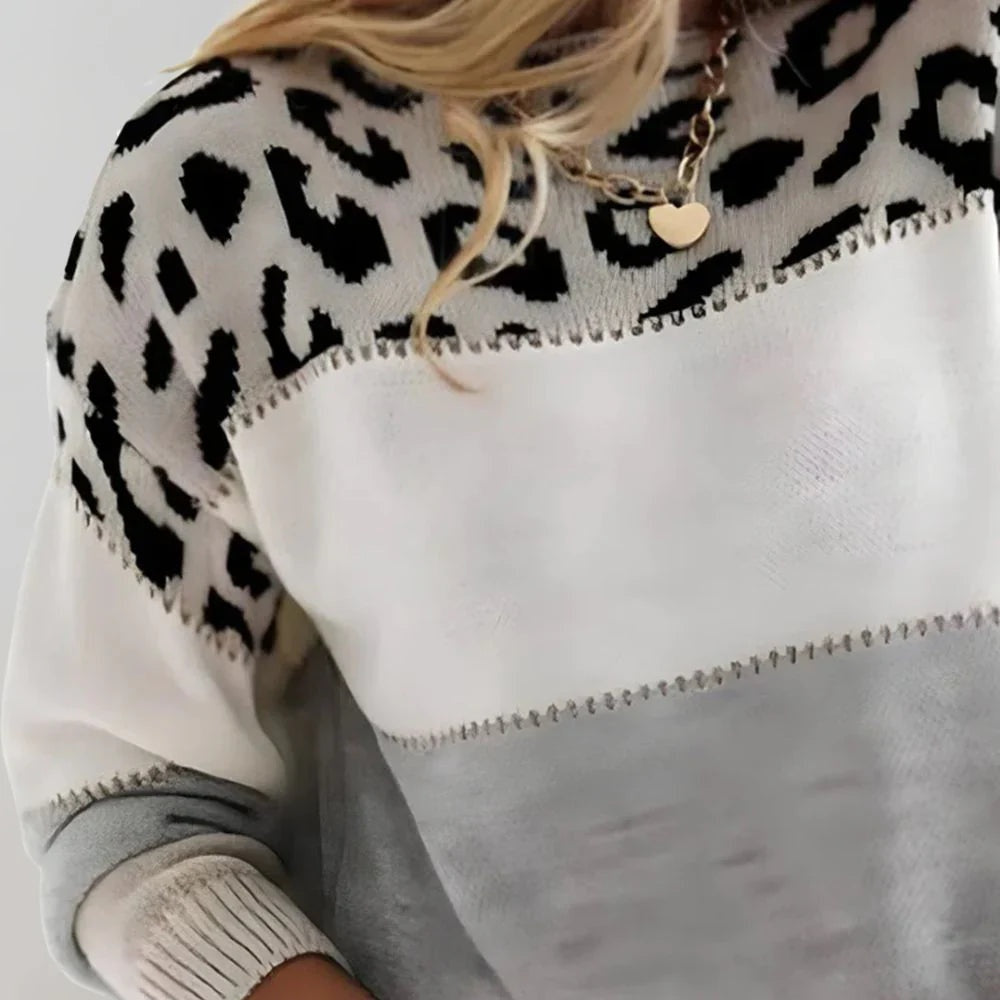 Kelsey | Women's Leopard Print Knit Sweater Crew Neck Long Sleeve