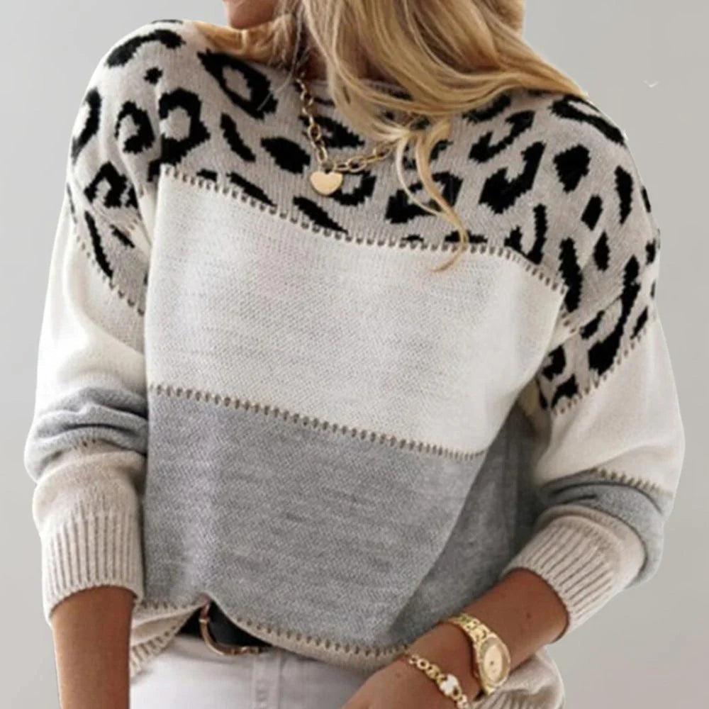 Kelsey | Women's Leopard Print Knit Sweater Crew Neck Long Sleeve