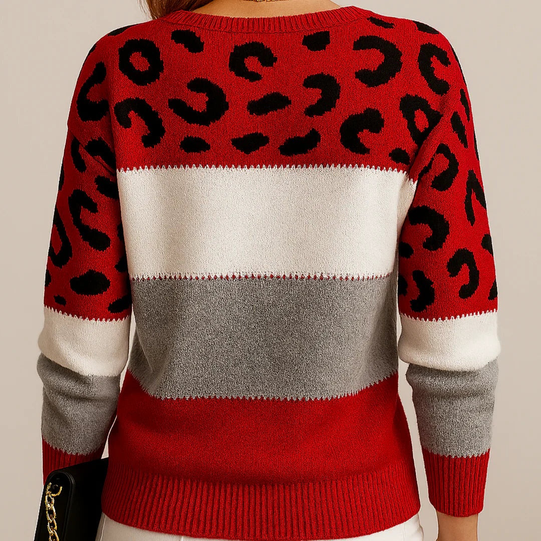 Kelsey | Women's Leopard Print Knit Sweater Crew Neck Long Sleeve