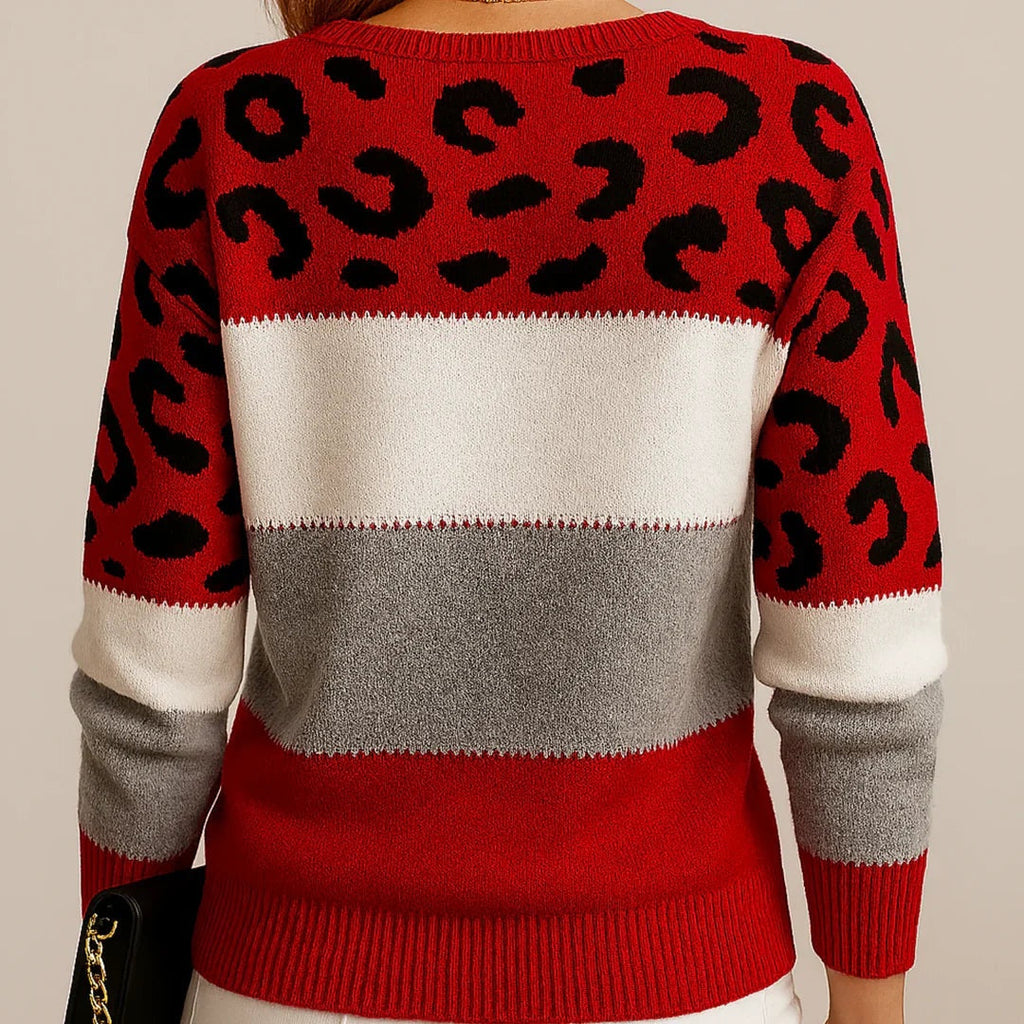 Kelsey | Women's Leopard Print Knit Sweater Crew Neck Long Sleeve