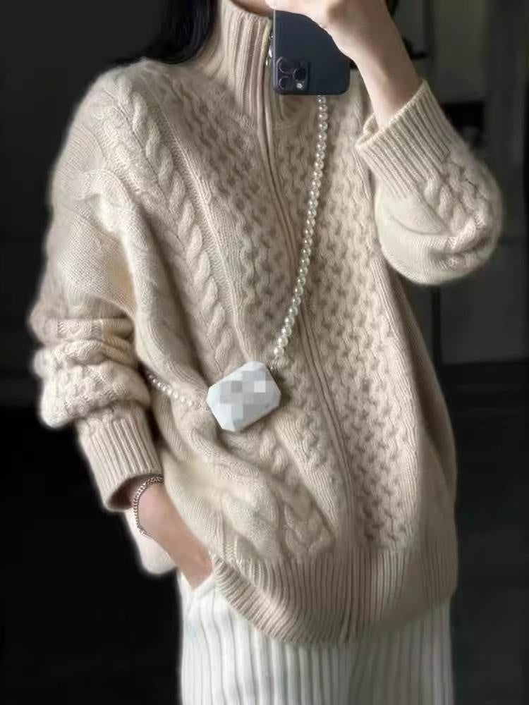 Addison | Women's Oversized Cable Knit Sweater Zip Up