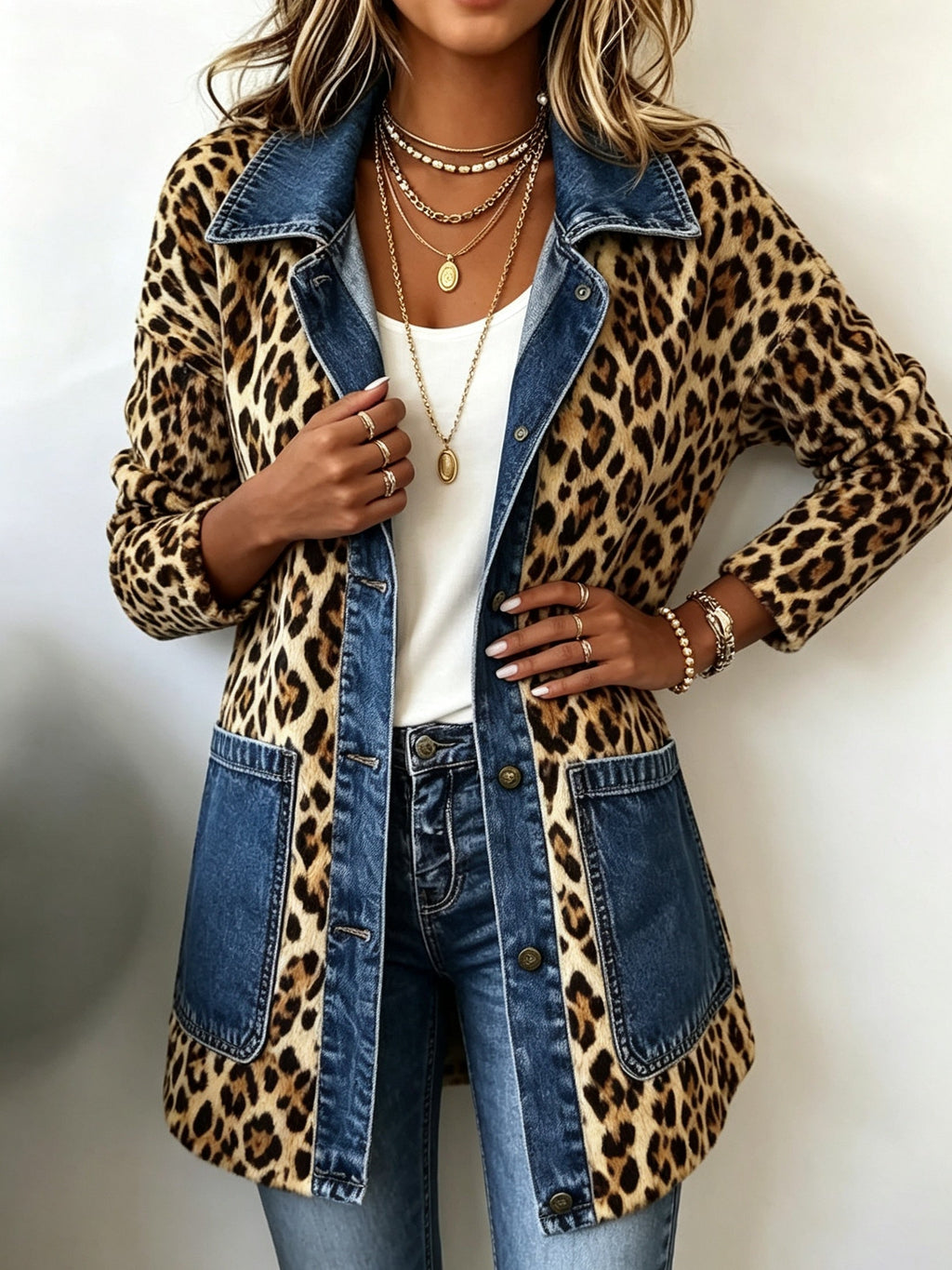 Emma | Women's Leopard Print Denim Jacket Long Sleeve Pockets