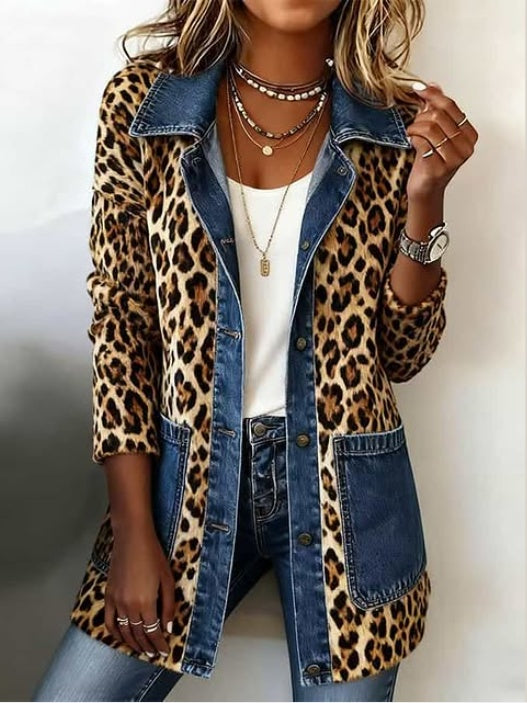 Emma | Women's Leopard Print Denim Jacket Long Sleeve Pockets