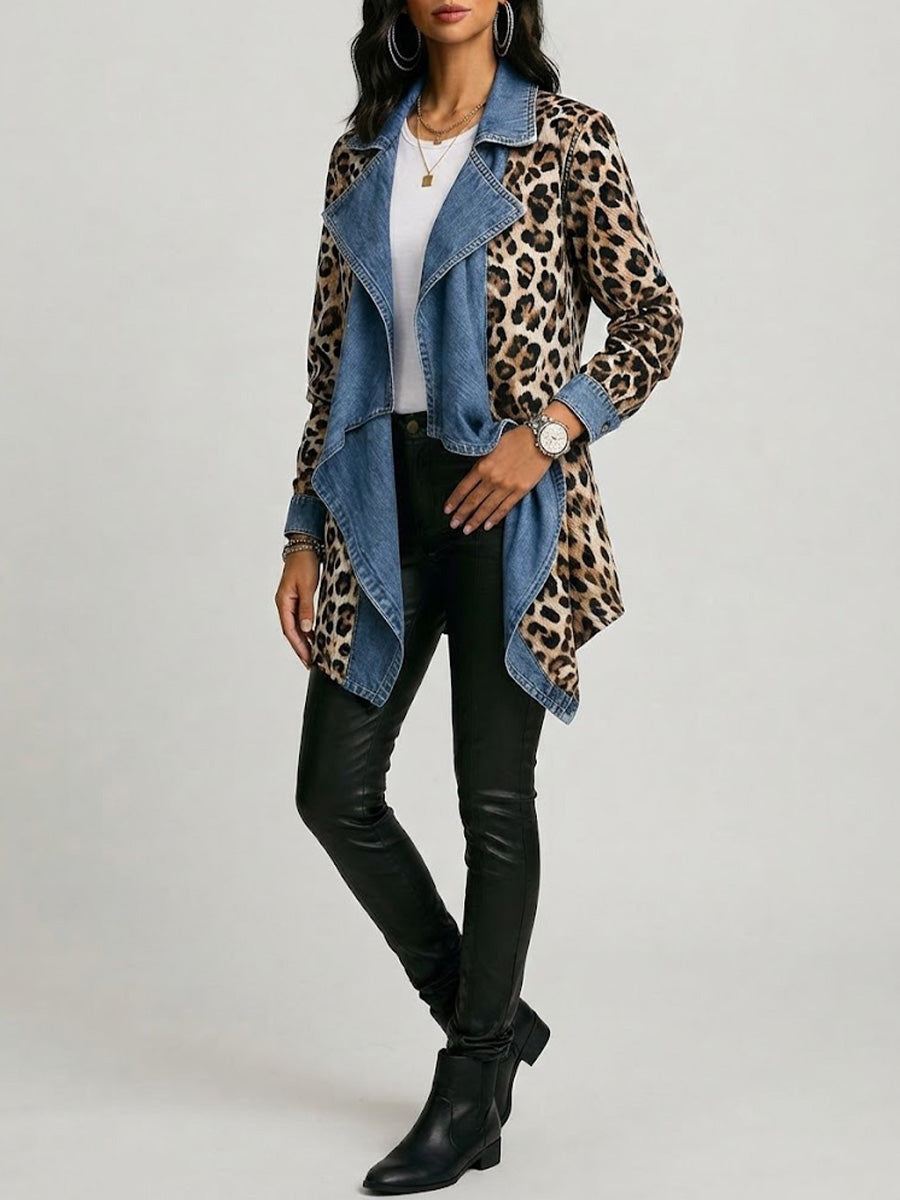 Emma | Women's Leopard Print Denim Jacket Long Sleeve Pockets
