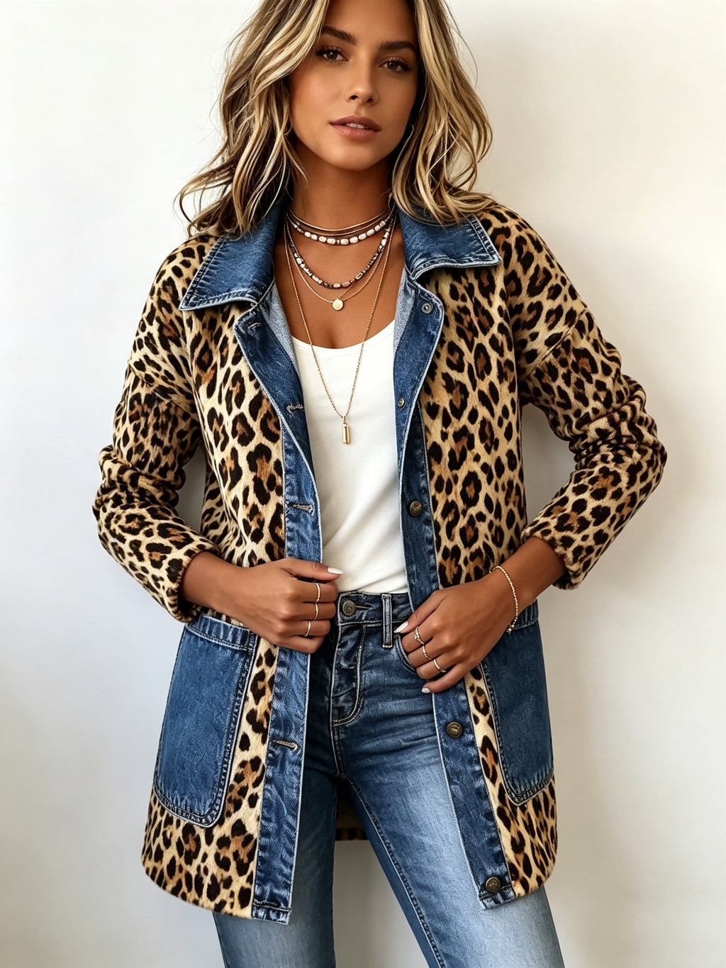 Emma | Women's Leopard Print Denim Jacket Long Sleeve Pockets