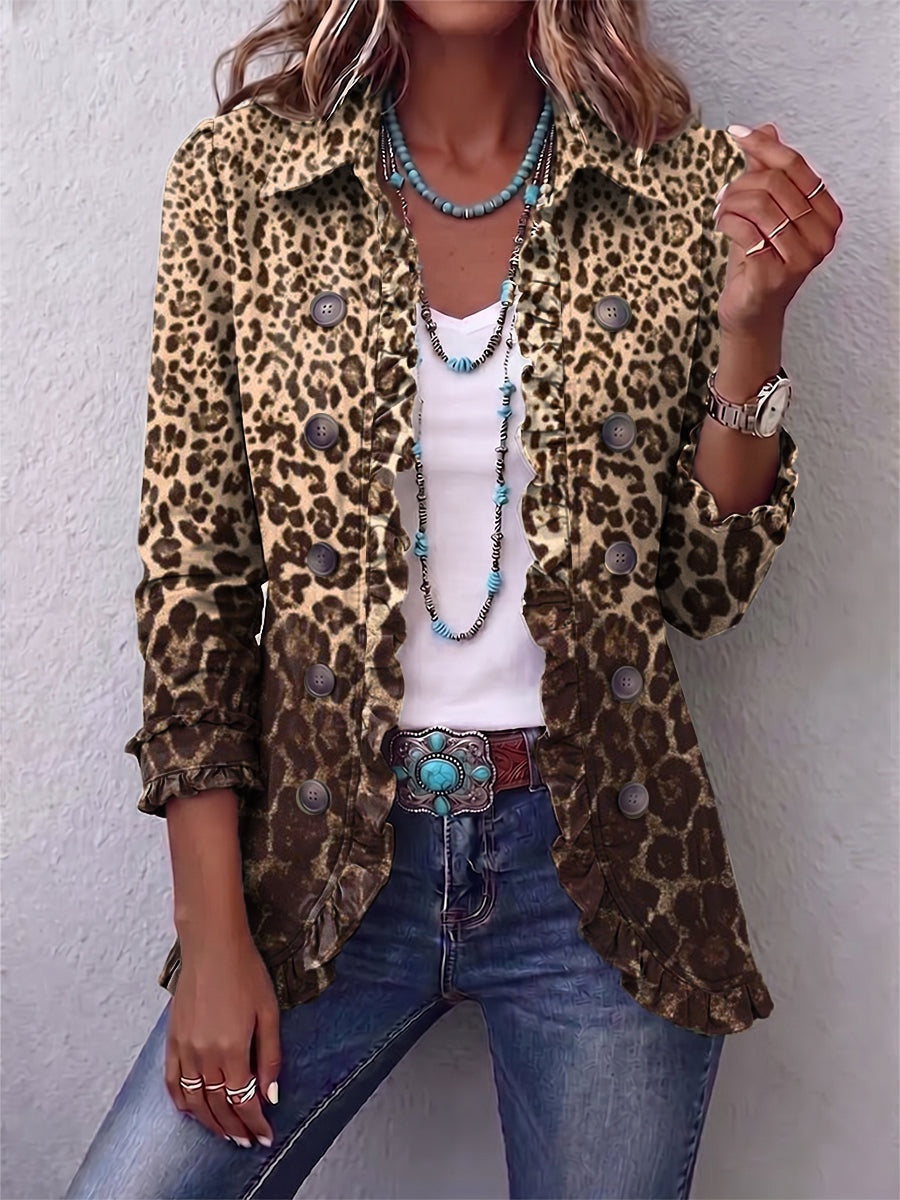 Emma | Women's Leopard Print Denim Jacket Long Sleeve Pockets